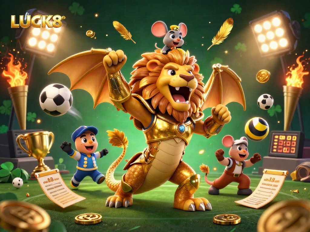 LUCK8 kích thích chiến thắng với hình ảnh sinh động về một con kỳ lân vàng trong khung cảnh casino đầy màu sắc.