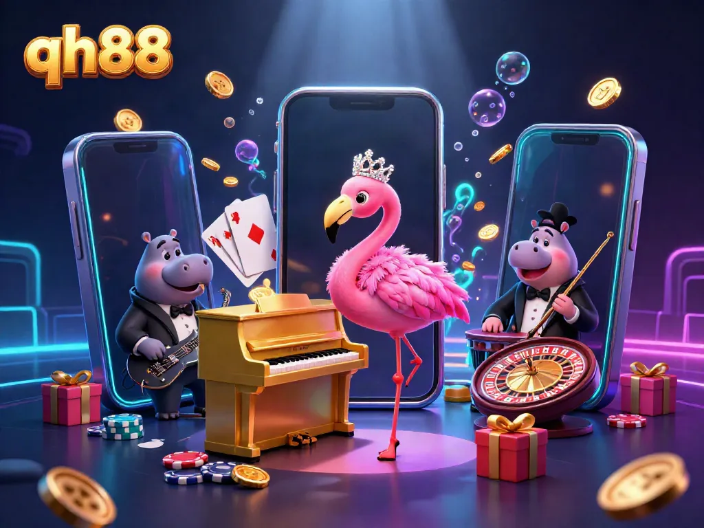 Experience qh88 through a lively casino scene featuring unique characters and engaging game elements.