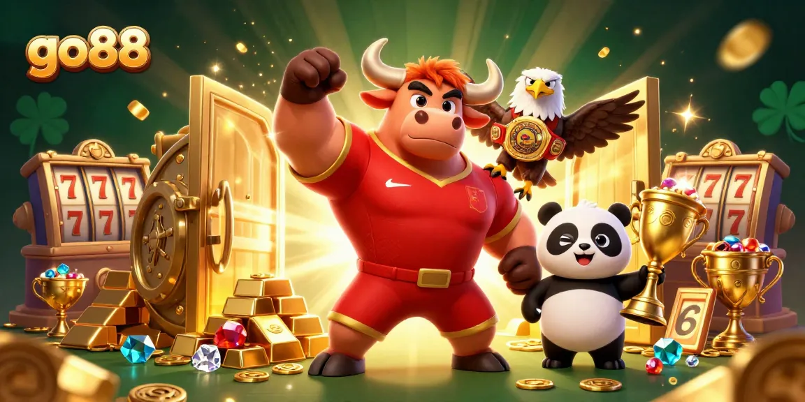 Go88 combines winning symbols with a lively bull, eagle, and panda in an exciting casino scene.