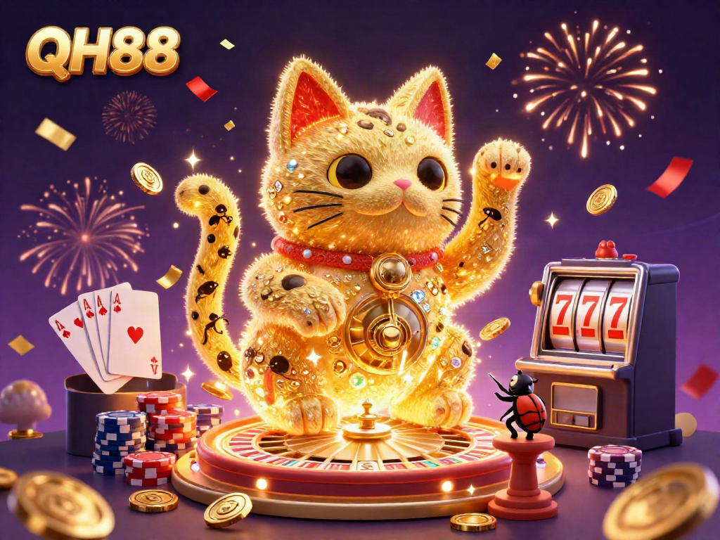 Experience the QH88 lucky cat as golden fireflies depict winning casino symbols amidst a celebratory atmosphere.