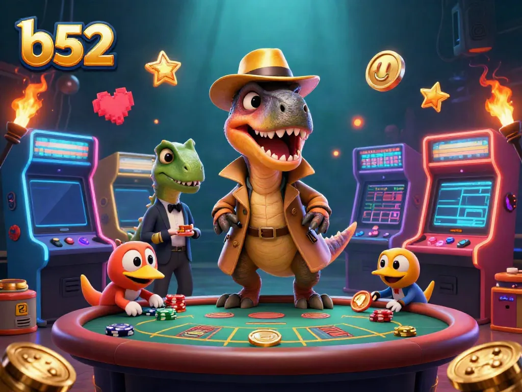 Engage in thrilling gambling action at B52 with a velociraptor card counter amidst vibrant casino elements.