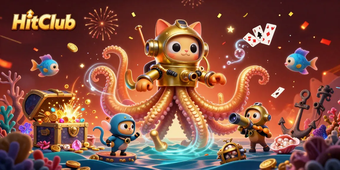 Join the HitClub adventure with a kraken and diving cat amidst treasure and playful cards.