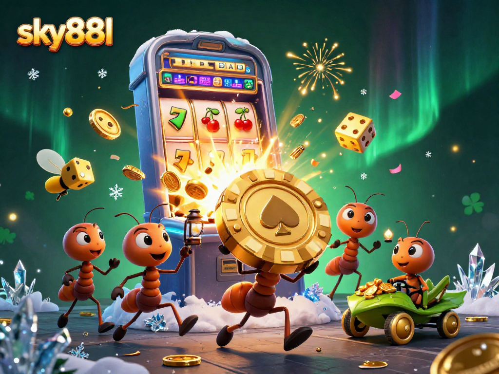Engage in thrilling wins with sky88l's golden poker heist led by playful 3D ants in a vibrant casino explosion.