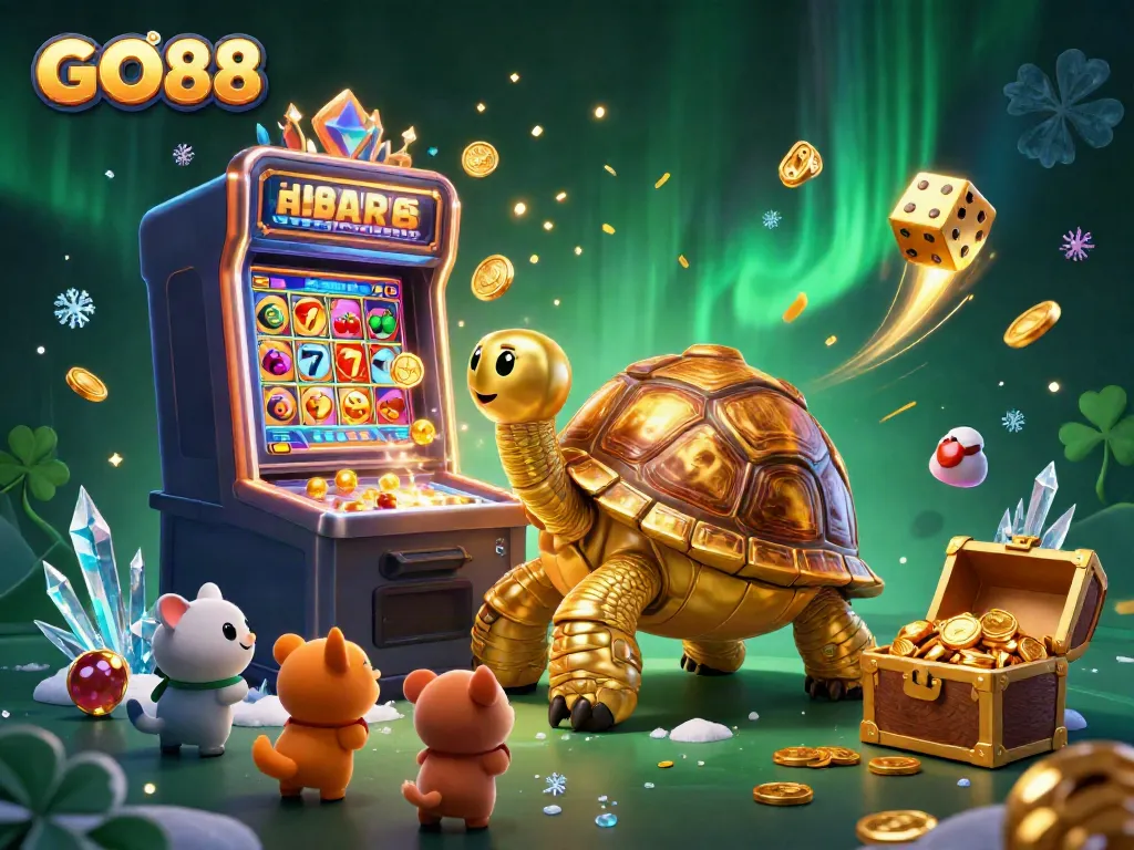 Experience thrilling slot action at GO88 with a golden tortoise and jackpot excitement in this vibrant casino illustration.