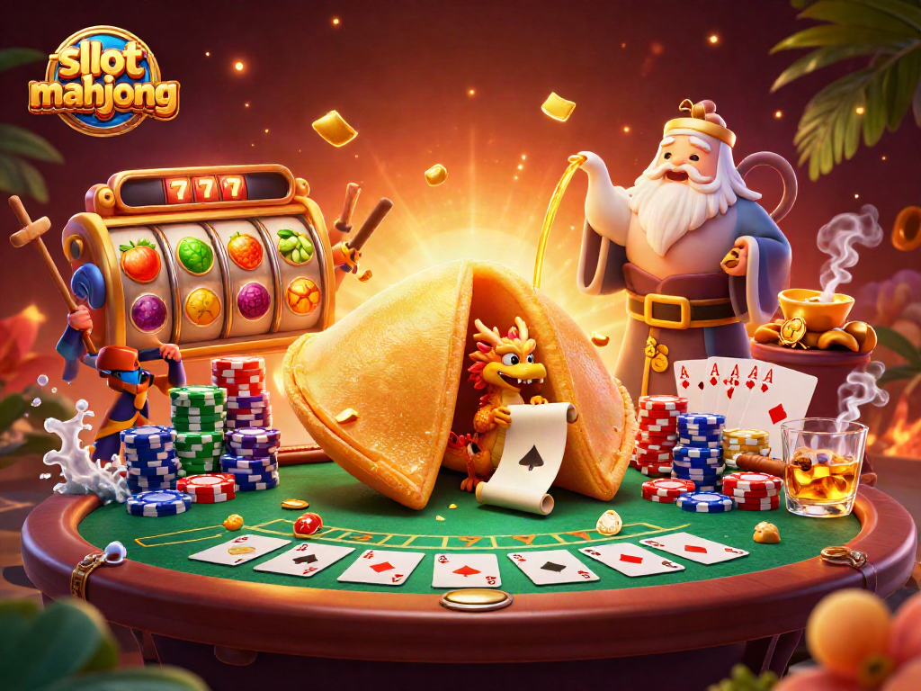 Engage with slot mahjong through a vibrant 3D casino scene filled with fortune cookies and poker elements.