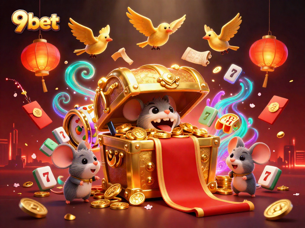 Engage with 9bet's vibrant casino scene featuring a treasure chest and adventurous elements.