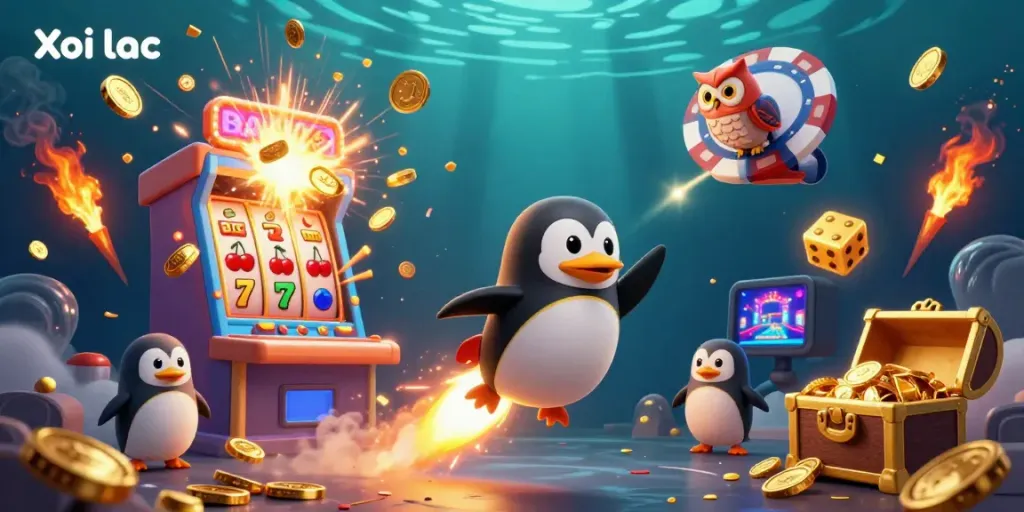 Experience thrilling Xoi lac moments with a golden penguin rocket and casino elements.
