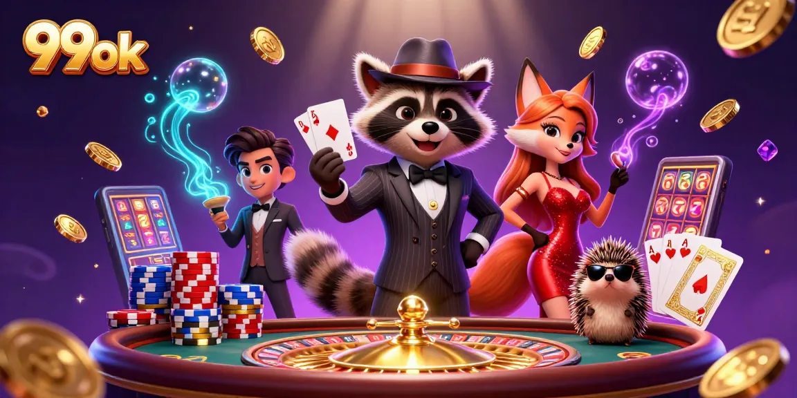 Catch your luck with 99ok's dazzling casino action featuring characters and shining symbols.