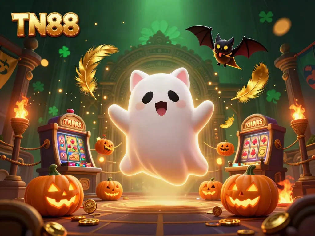Experience TN88's haunted casino magic with a ghost cat and vampire bat in a vibrant scene.