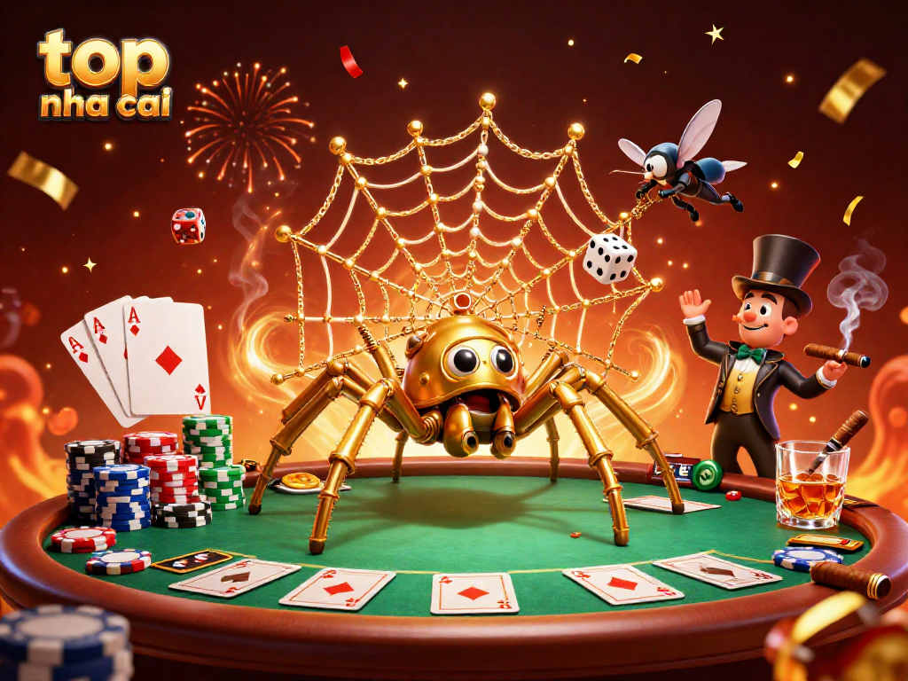 Catch the excitement at top nha cai with a thrilling poker scene featuring a golden spider and amused gentleman.