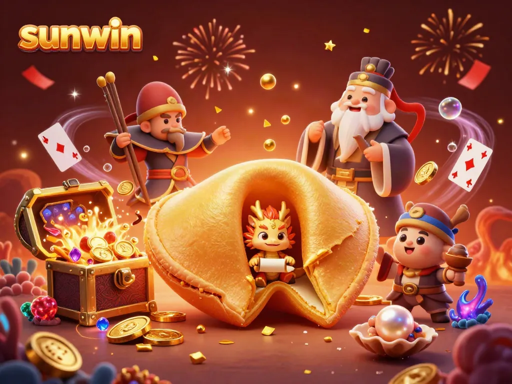 Engage with the sunwin casino scene featuring a golden fortune cookie, wise dragon, and vibrant gaming elements.