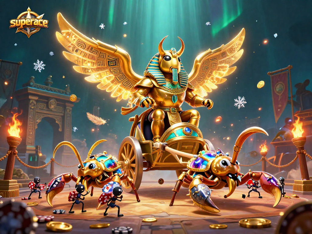 Win big with superace in this dynamic casino-themed illustration featuring a golden beetle and poker chips.