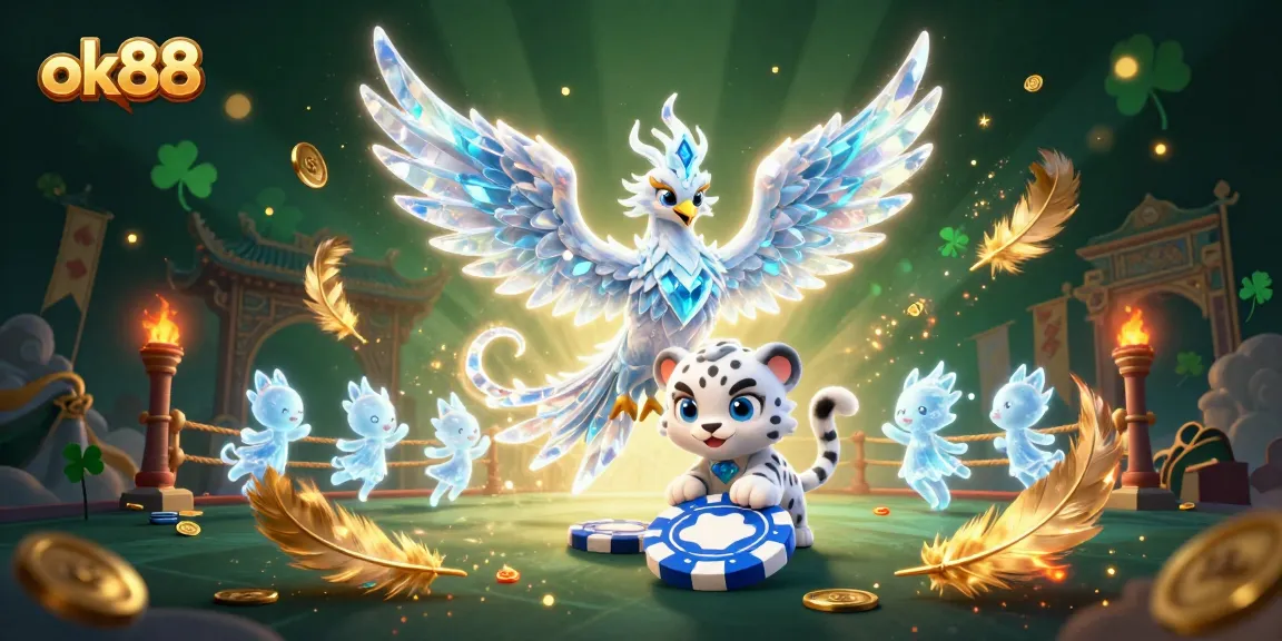 Engage with the thrilling world of ok88 showcasing a vibrant 3D illustration of a phoenix and snow leopard in a casino scene.