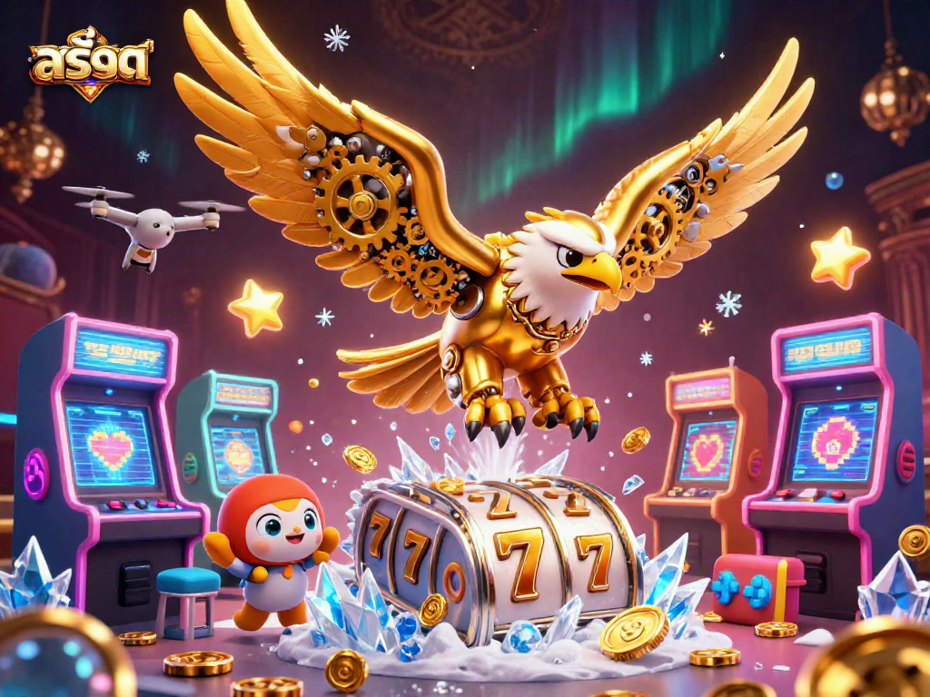 Experience thrilling สล็อต action with a cybernetic eagle soaring among slot reels and dynamic game elements.