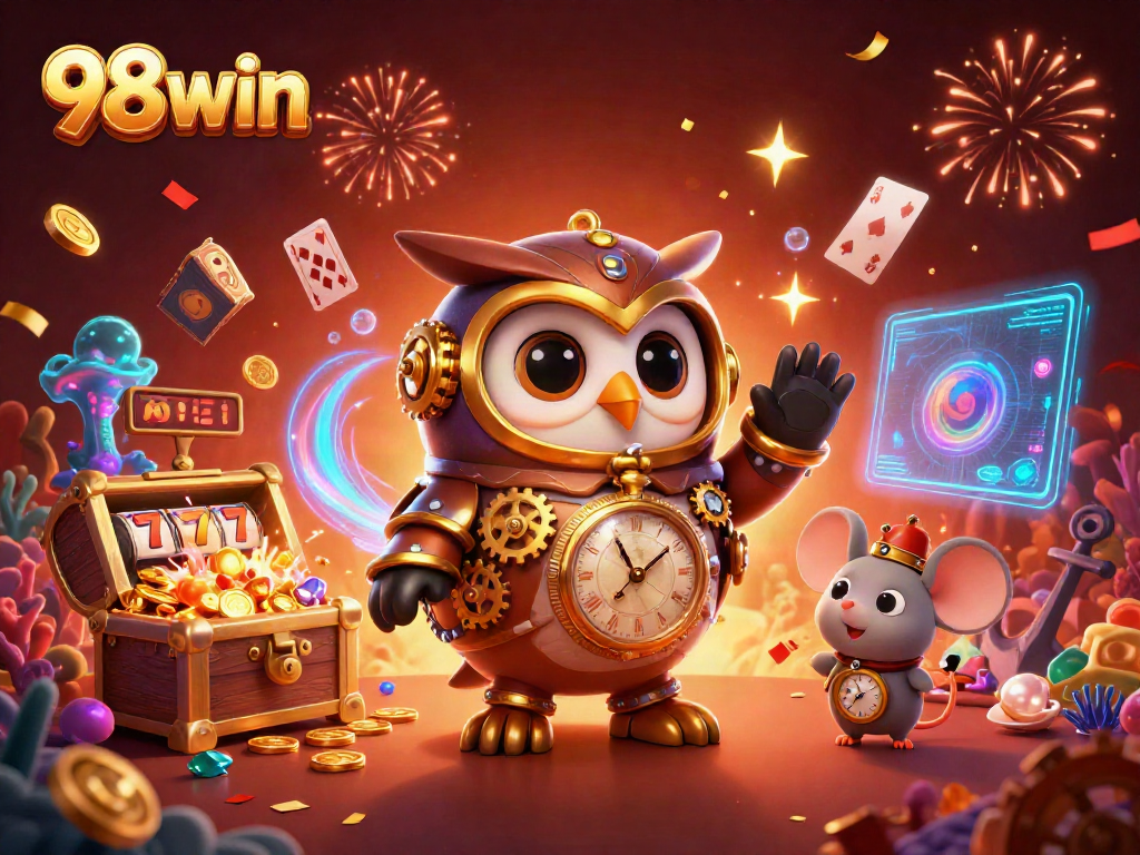 Experience the excitement of 98win with a rich steampunk-themed casino illustration featuring dynamic gaming elements.