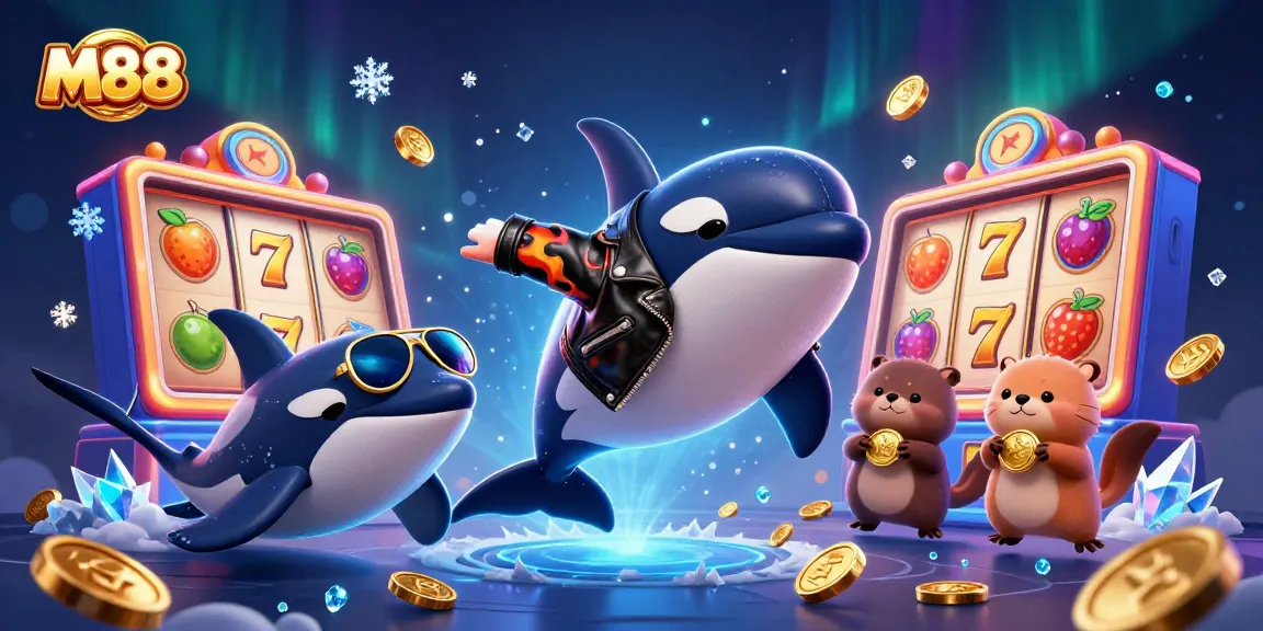 M88 slot gaming adventure with a biker orca, stingray, and otters holding coins in a vibrant scene.