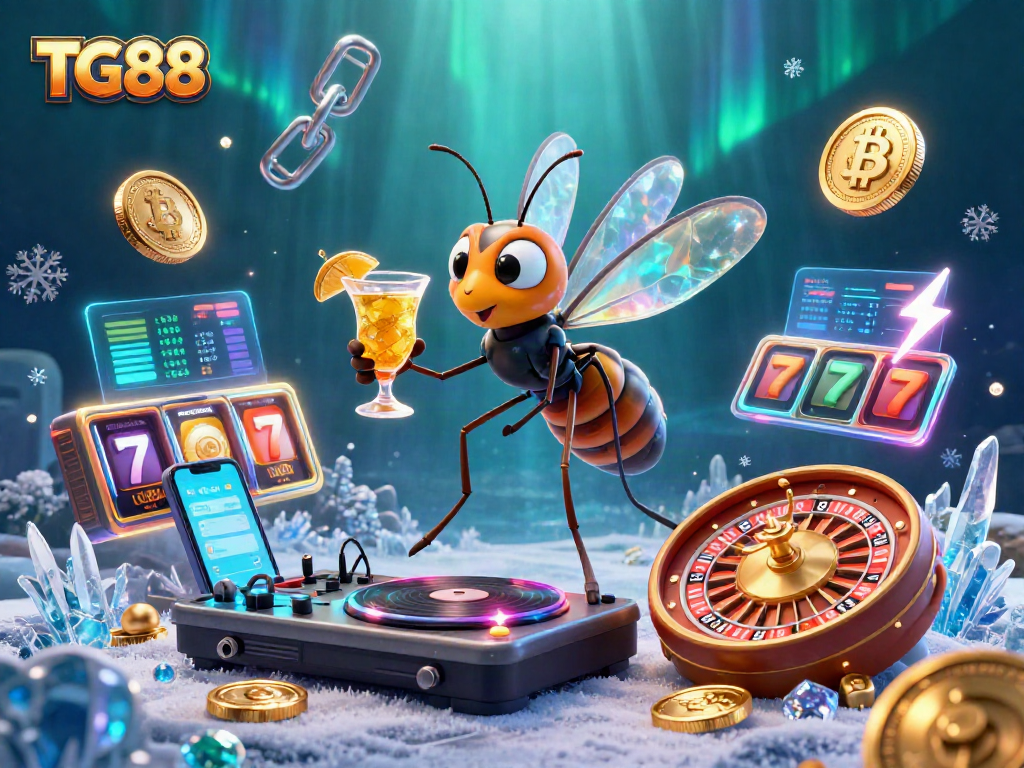 Experience casino excitement with TG88 as a frozen mosquito mascot, surrounded by dynamic slot elements.