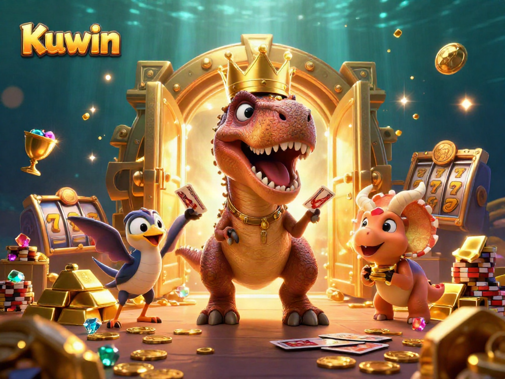 Kuwin features a friendly T-Rex shuffling cards while winning big at the casino with vibrant gold and gems.
