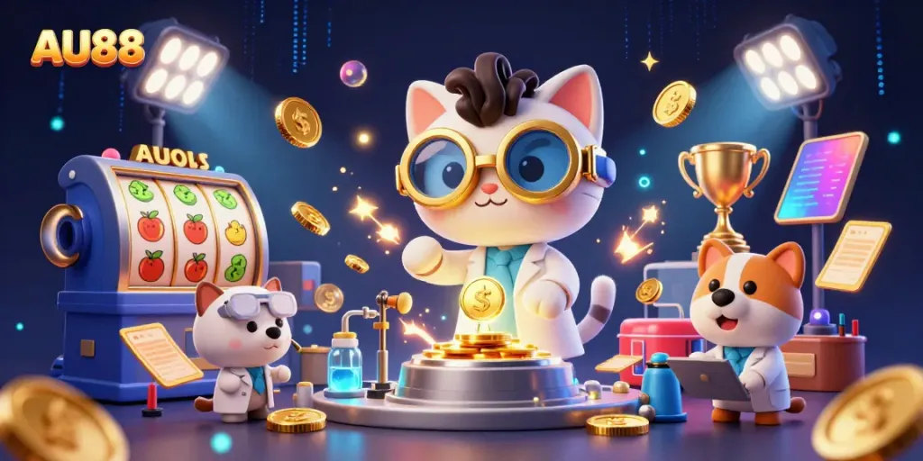 Win big with AU88's exciting casino slots and vibrant gaming elements in an action-packed scene.