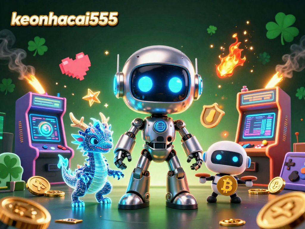 Engage in vibrant gaming with keonhacai555 showcasing a neon robot, holographic dragon, and bitcoin drone.