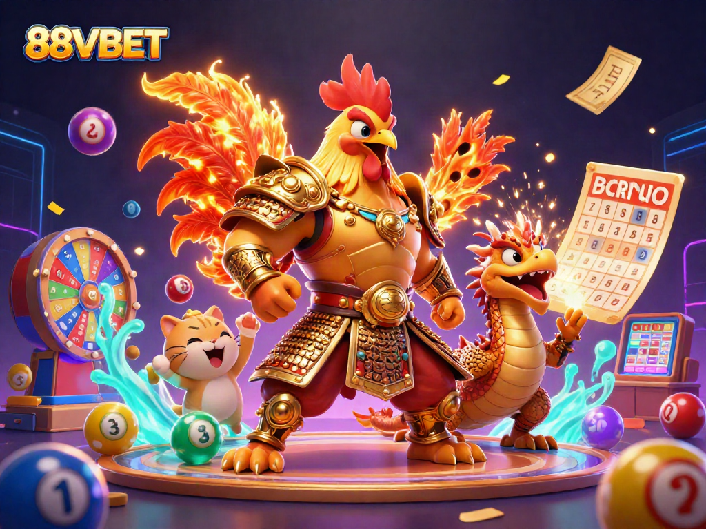 Experience 88VBET's thrilling action with a fighting rooster warrior and dragon hatchling in a vibrant casino scene.