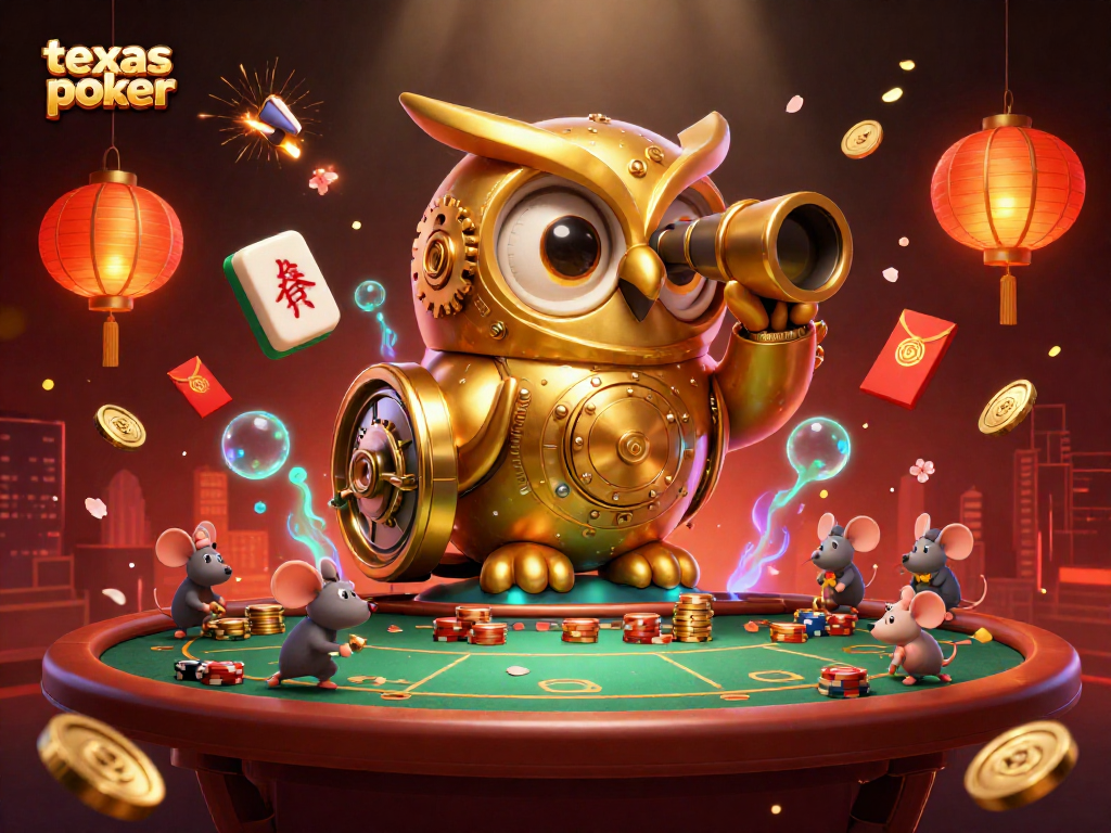 Engage in strategic texas poker battles as a golden owl oversees lively casino action.