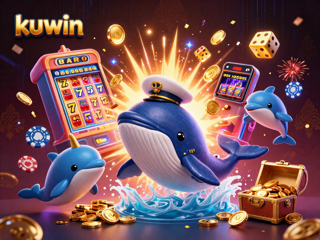 Kuwin offers dynamic casino action with a cartoon whale breaching through coins, surrounded by playful dolphins and jackpot elements.