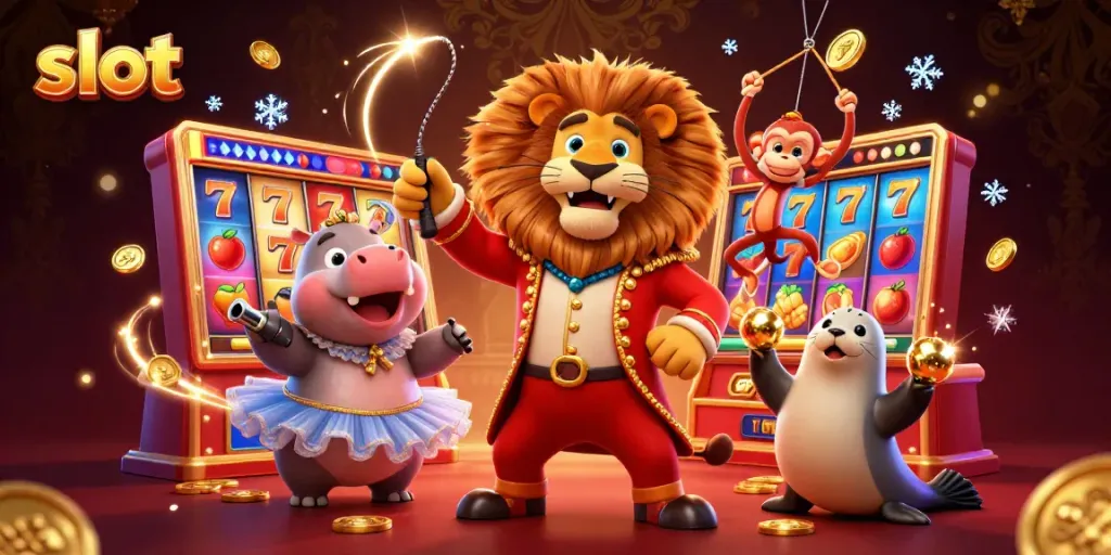 Engage with the vibrant slot-themed casino atmosphere featuring lively cartoon characters and slot elements.
