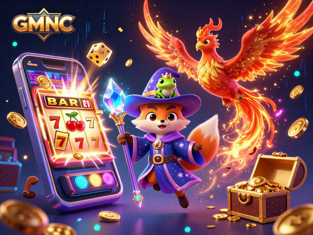 Players engage with the spirited GMNC casino gaming experience featuring vibrant slot machines and dynamic characters.