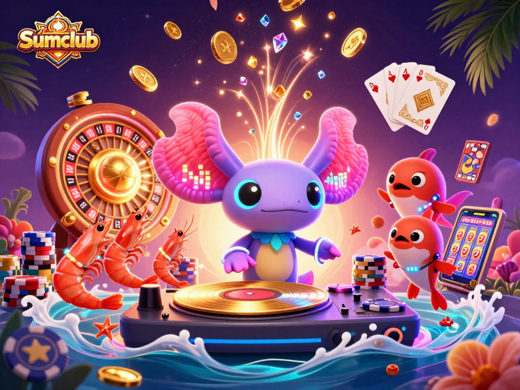 Exciting scene showcasing Sumclub with a neon axolotl DJ and vibrant casino elements.