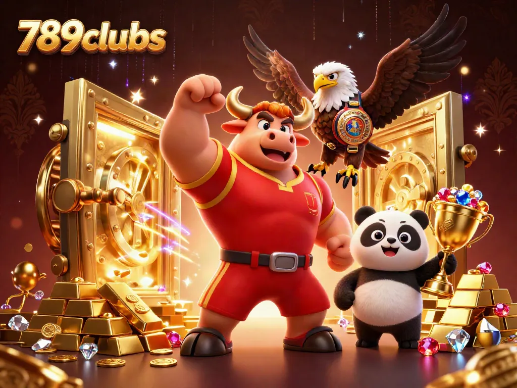 Engage in thrilling gameplay with 789clubs, featuring a victorious bull mascot amid gold treasures and gems.