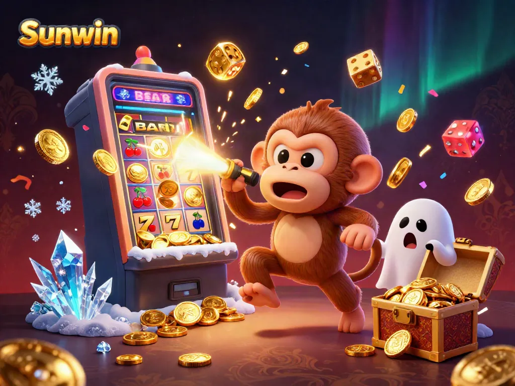 Experience thrilling gaming action at Sunwin, with a playful poltergeist monkey and eager puppy in a vibrant casino.