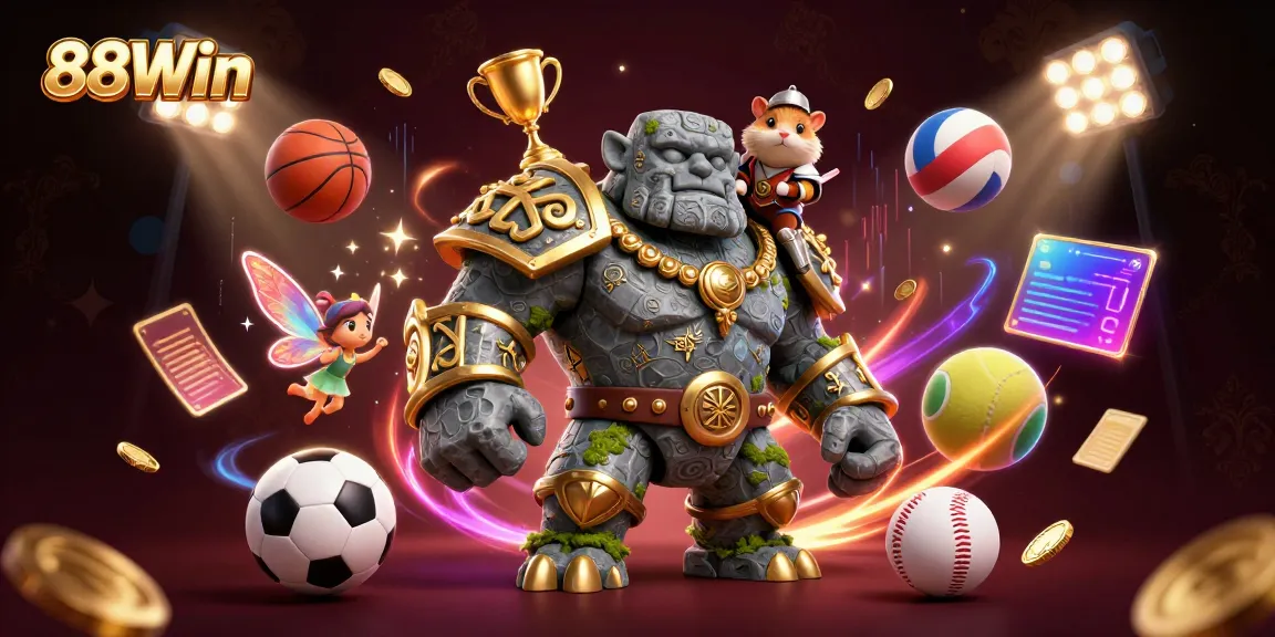 Experience thrilling gameplay with 88Win’s dynamic casino scene featuring fantasy characters and sports elements.