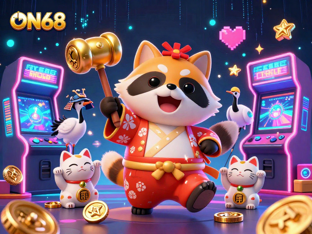 Experience the thrilling atmosphere of ON68 with a cartoon tanuki and lucky fortune cats in a dynamic casino-themed illustration.