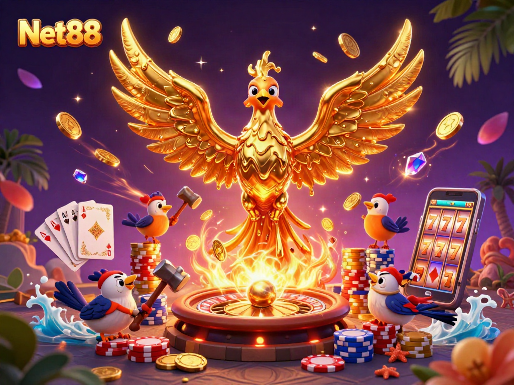 Experience the excitement of betting with Net88 in this vibrant casino scene featuring golden phoenix and dynamic elements.