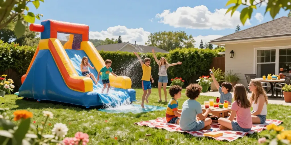 Children laughing and enjoying a colourful water slide in a sunny backyard, capturing fun summer moments.
