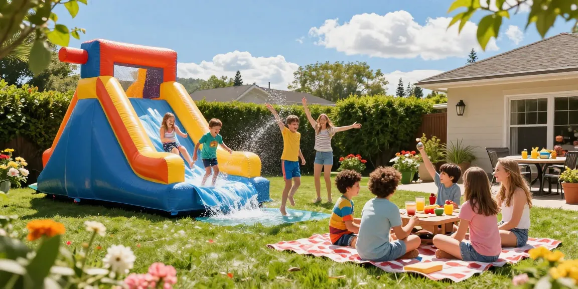 Children laughing and enjoying a colourful water slide in a sunny backyard, capturing fun summer moments.