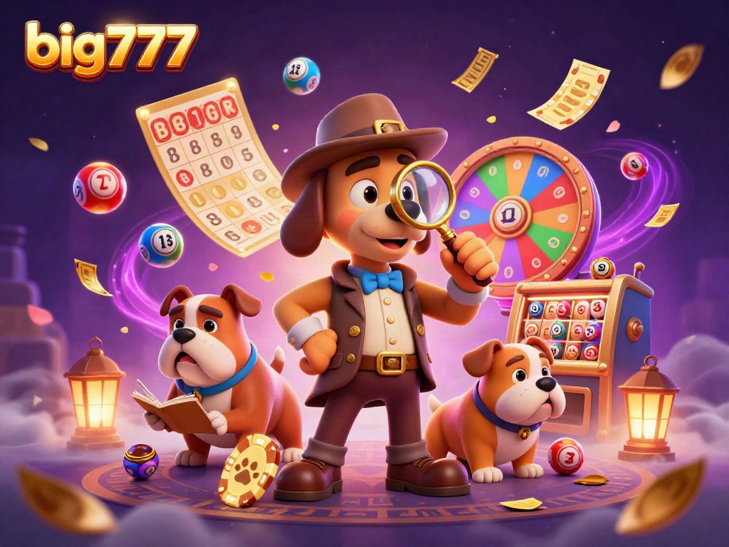 Unveiling big777 secrets with a cartoon detective and vibrant lottery elements in a dynamic casino scene.