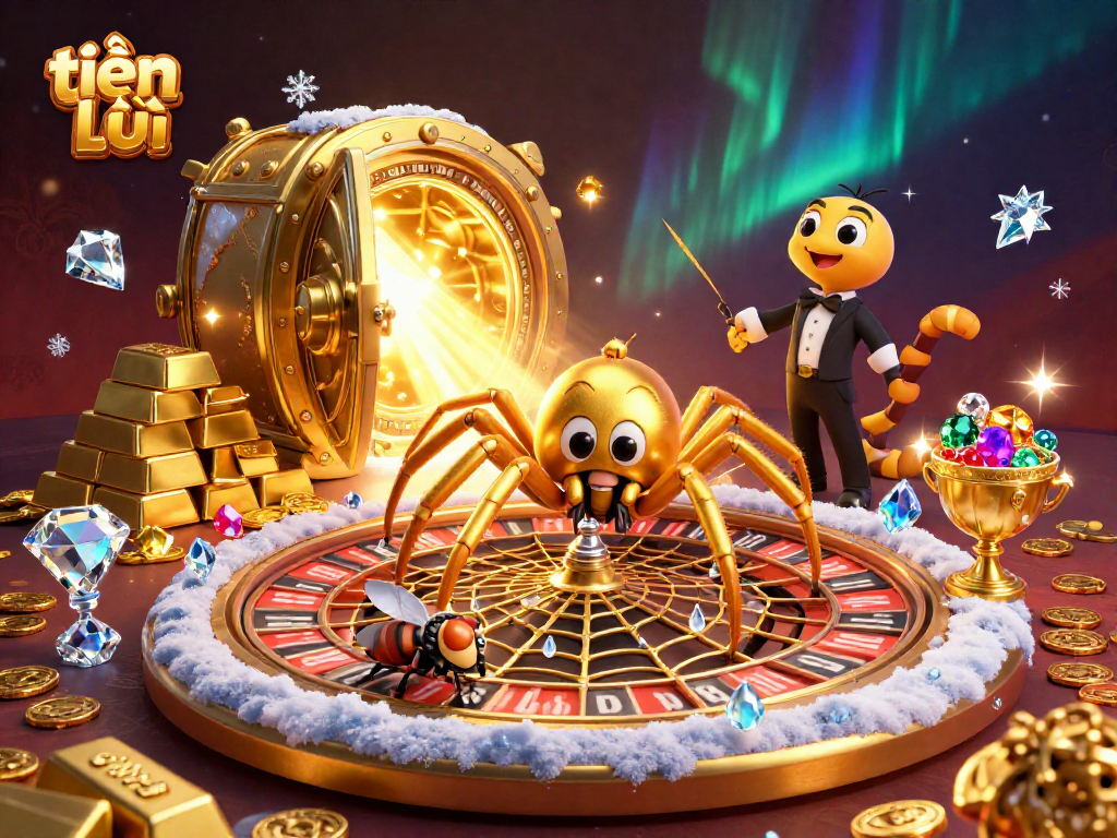 Experience the excitement of tiến lên as the golden spider spins a roulette web in this vibrant casino scene.