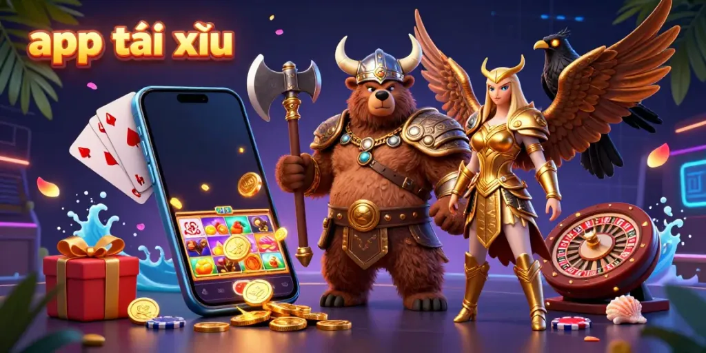 Engage with the vibrant app tài xỉu scene featuring a Viking bear, golden eagle, and casino elements like a slot game and poker chips.