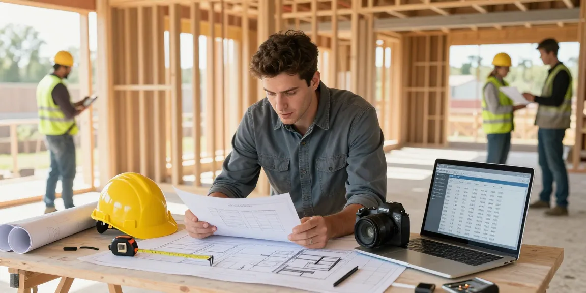 Freelance quantity surveyor assessing project plans on site with tools and materials.