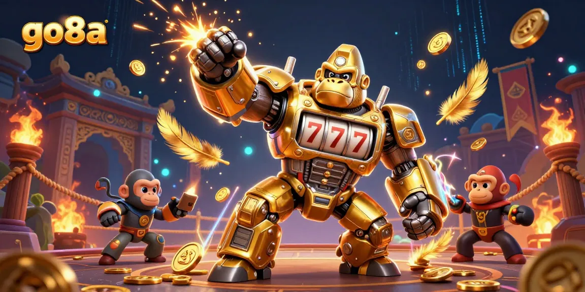 Engaging illustration showcasing the go8a gaming experience with a golden mech and vibrant casino elements.