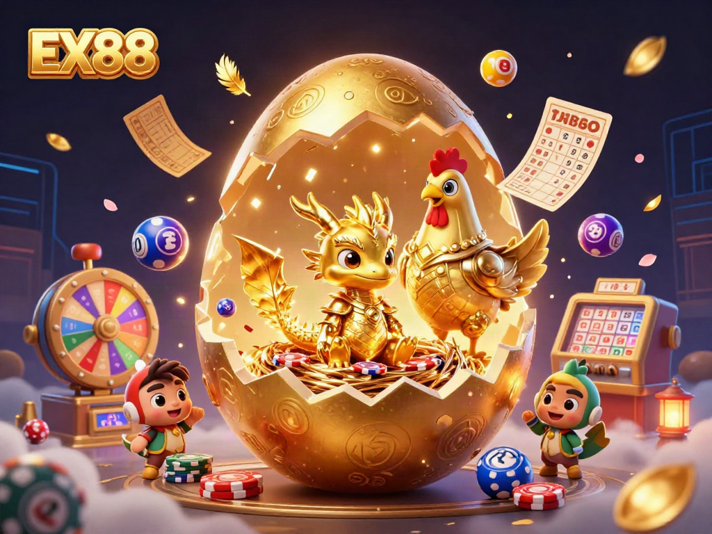 Experience thrill and excitement with EX88's captivating casino-themed illustration showcasing golden dragon and vibrant game elements.