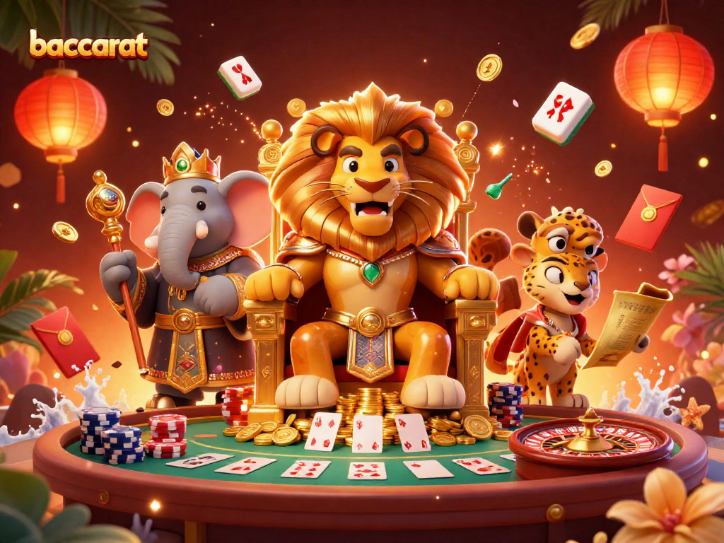 Experience the excitement of baccarat with a lion king and companions in a colorful casino scene.