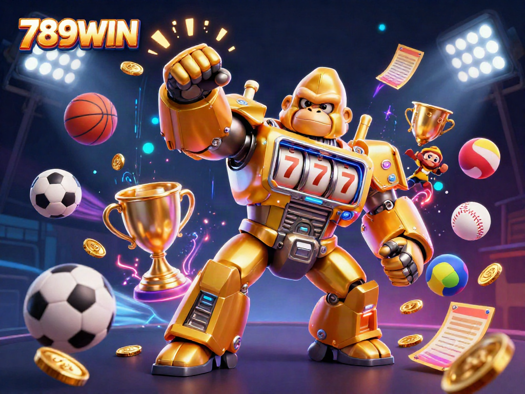 Engaging 3D illustration of 789WIN's golden gorilla mech amidst dynamic sports elements and casino symbols.