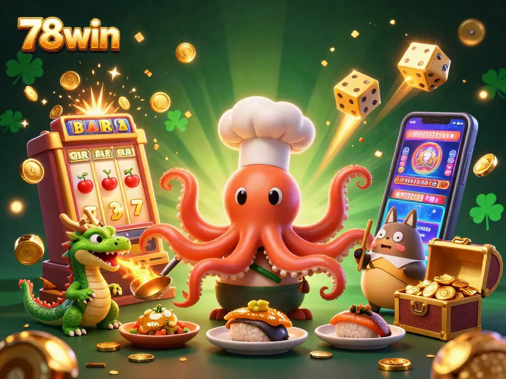 Experience the excitement at 78win with a dynamic casino scene of winnings and vibrant characters.