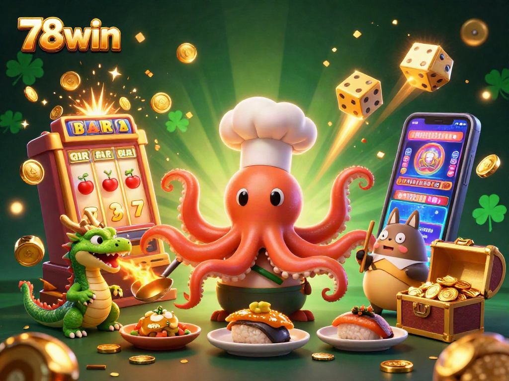 Experience the excitement at 78win with a dynamic casino scene of winnings and vibrant characters.