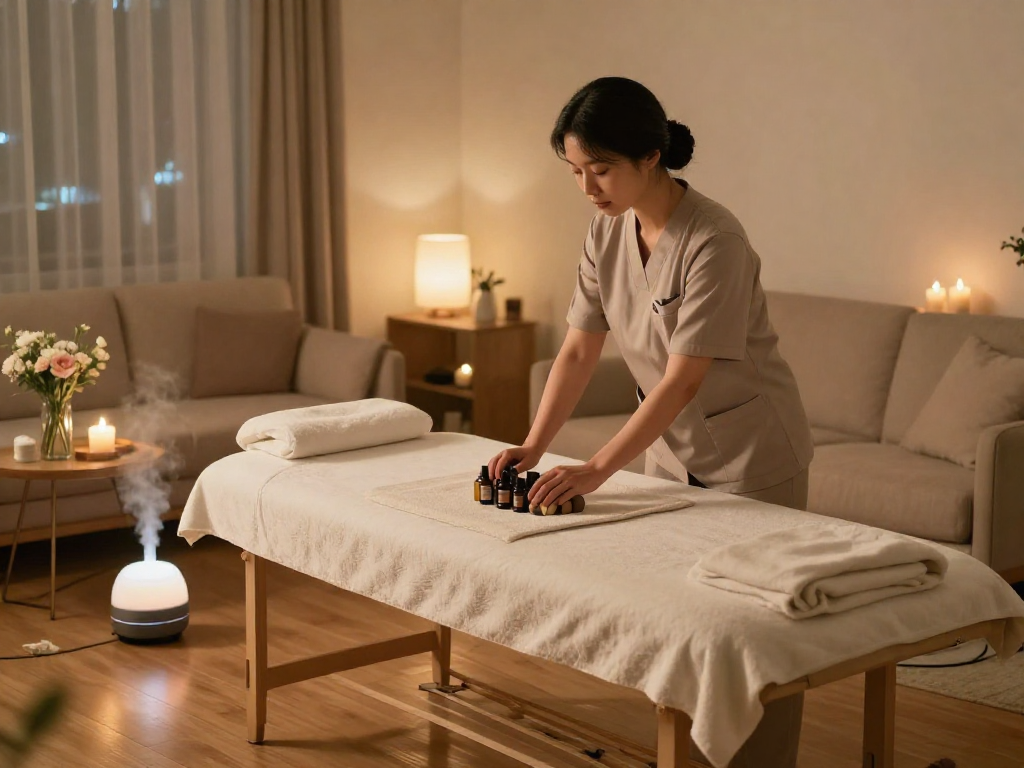 Experience premium 하남출장마사지 in a cozy home setting with a professional therapist preparing for a relaxing session.