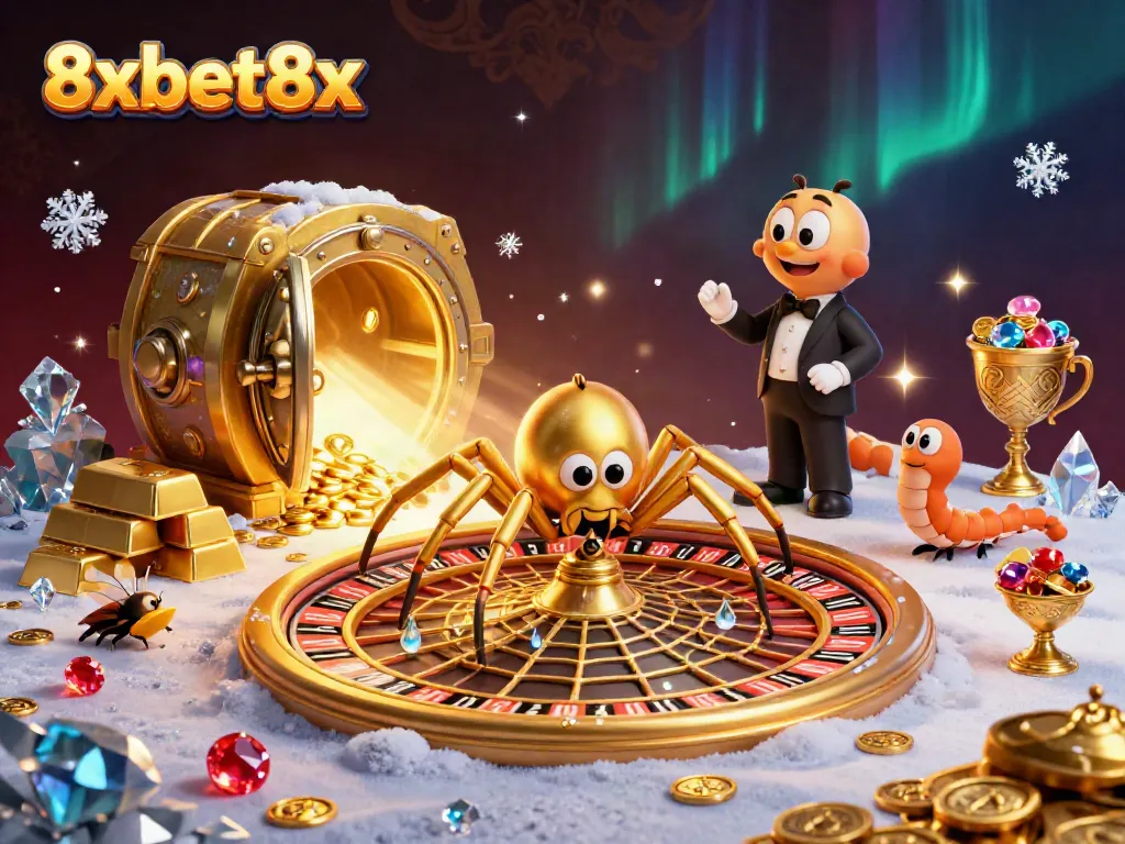 Experience thrilling bets at 8xbet8x with a golden roulette wheel and vibrant treasures.