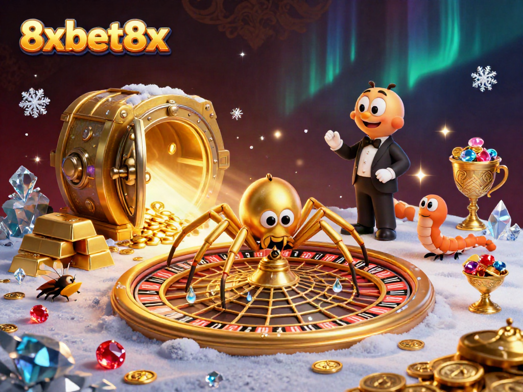Experience thrilling bets at 8xbet8x with a golden roulette wheel and vibrant treasures.